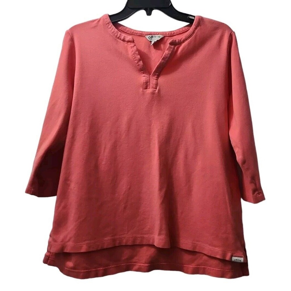 Orvis 3/4 Sleeve Notch‎ Neck Tunic Top Casual Comfy Salmon Pink